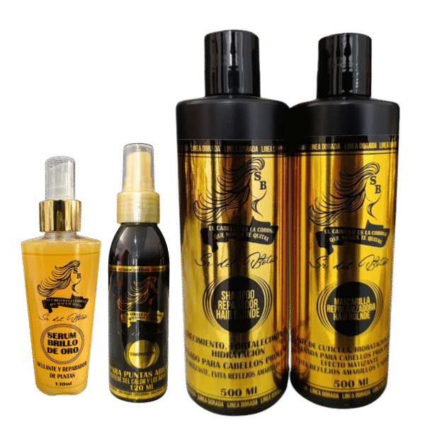 Combo cuidado capilar Hair Blonde - Shampoo reparador 500 ML + Mascarilla repolarizadora 500 ML + Termoprotector 120 ML + Sérum 130 ML